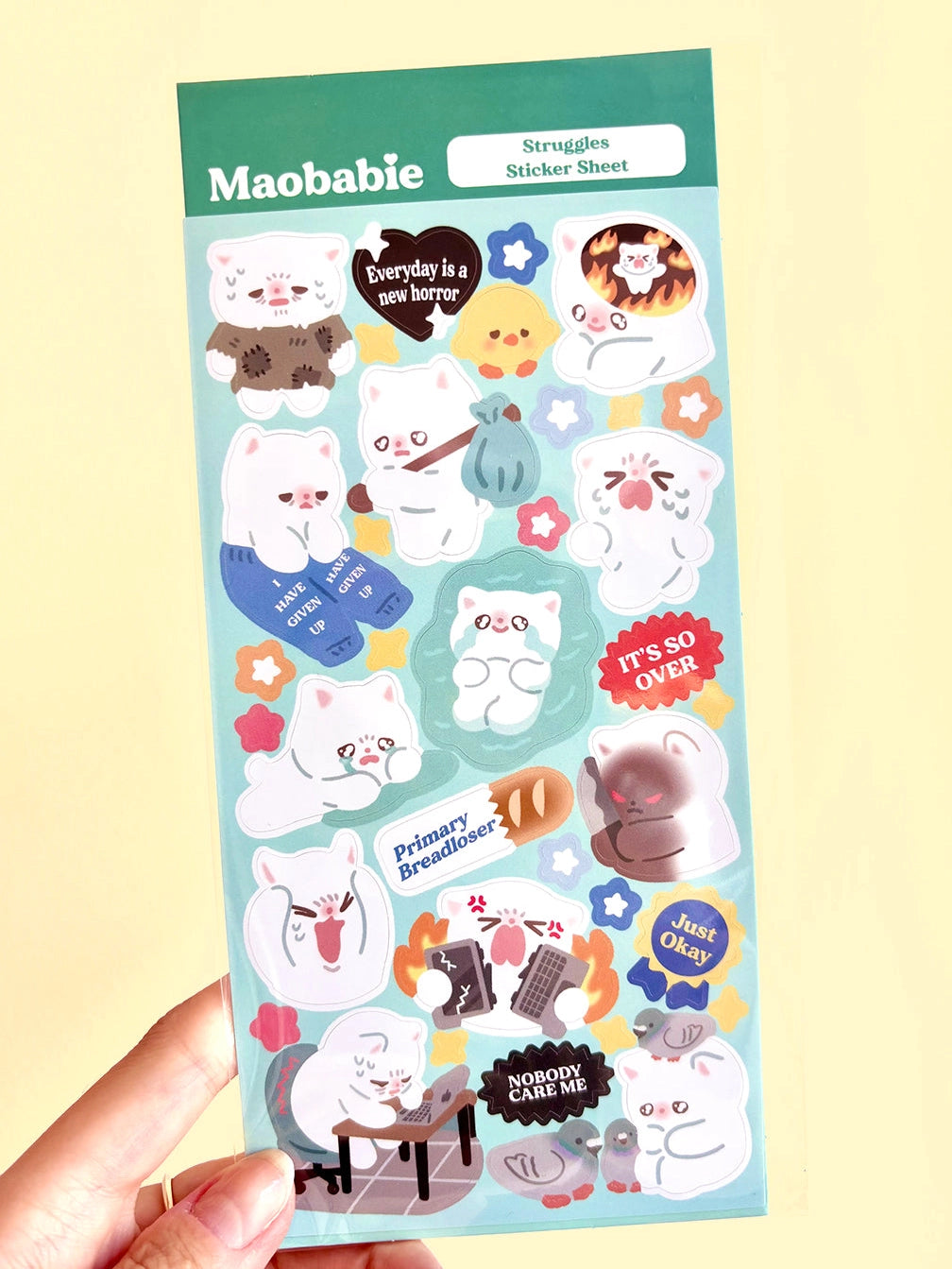 As Maobabie, we present our Sticker Sheet - Struggles, crafted with love by our indie artist, Jennie. Printed on matte vinyl paper, this sheet measures 210mmx170mm, making it an ideal size for decorating your phone, laptop, or any other surface. Get ready to experience our cute and soft illustrations, bringing a touch of charm to your everyday items. With Maobabie, it's all about adding a dash of whimsy to your world.

Includes one (1) sticker sheet