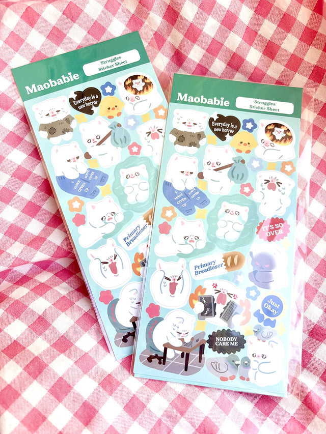 As Maobabie, we present our Sticker Sheet - Struggles, crafted with love by our indie artist, Jennie. Printed on matte vinyl paper, this sheet measures 210mmx170mm, making it an ideal size for decorating your phone, laptop, or any other surface. Get ready to experience our cute and soft illustrations, bringing a touch of charm to your everyday items. With Maobabie, it's all about adding a dash of whimsy to your world.

Includes one (1) sticker sheet