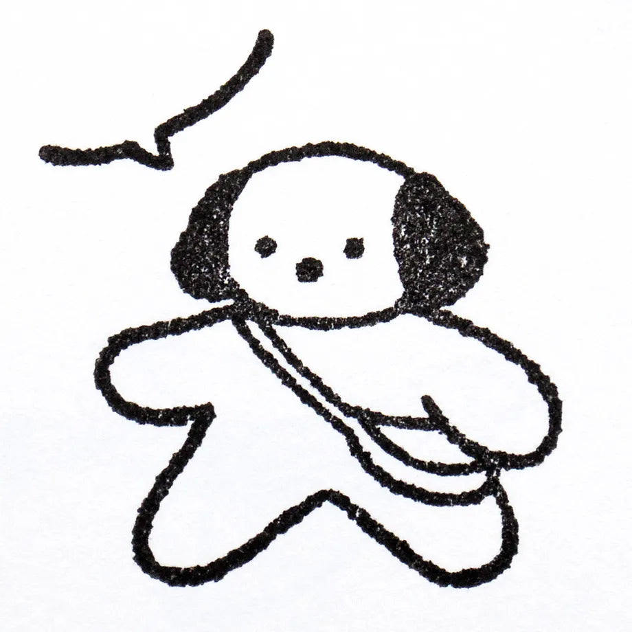 A stamp by illustrator Mariko Fukuoka.
A dog holding a pochette is taking a stroll. It also looks cute when you add speech bubbles.