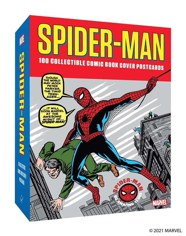 Perfect for Marvel fans of all ages, this collectible box of 100 postcards is a tribute Spider-Man through the comic book covers of his fan favorite adventures.

Celebrating the 60th anniversary of Spider-Man, these 100 unique collectible postcards feature iconic, web-slinging comic book covers from the 1960s to modern-day classics, including characters from across the Spider-Verse and covers by some of the all-time greatest Spider-Man artists.
