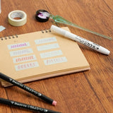 "Jikakel" is a primer pen for masking tape that can be applied to masking tape and dried to write without repelling even water-based ink.
You can enjoy decorating with your favorite water-based pen, fountain pen, or glass pen.

Easy to&nbsp;apply with a brush-type pen lead!
It uses a brushed type pen lead with good flexibility and excellent durability.
It can be applied efficiently to masking tapes of various widths.

It is colorless and transparent, so it doesn't spoil the design!
It uses colorless and tra