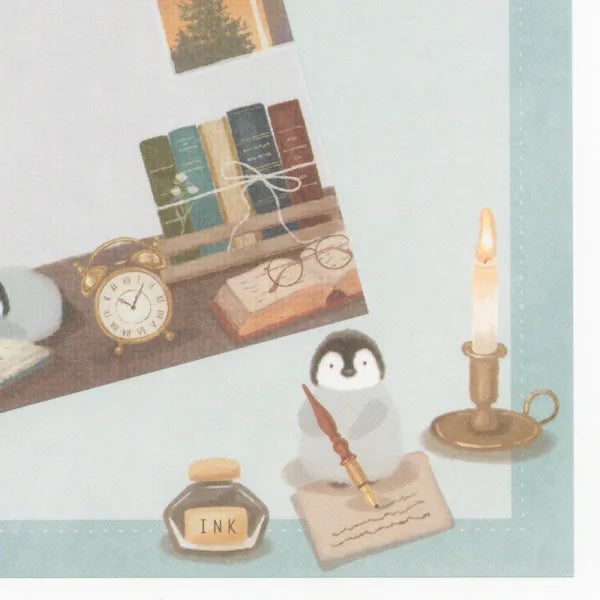 Relaxing Animals Day A note depicting each day of the animals living leisurely.
I drew a penguin enjoying reading in the study with candles and lights
It is a fun design that can be used according to your mood with two pattern assortments.

100 × 100 mm in height and 100 mm
2 patterns
80 Sheets