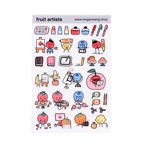 Explore the Fruit Artist sticker sheet from Megan Wang.

As an illustrator known for her fun cat-themed creations, Megan adds a unique touch to your stationery routine.

This sticker sheet measures approximately 4"x6" and is a clear PET material.&nbsp;

Enhance your journaling with these unique stickers!