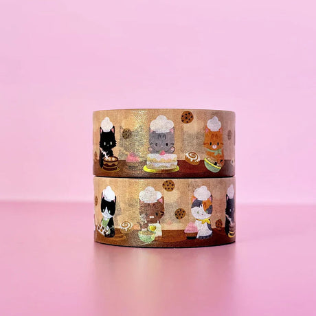 Adorable bakery cats washi tape, with small details of gold foil. Ideal for journaling, scrapbooking, and craft projects.

Gold Foil Details
One 10-meter long roll of washi tape
20mm wide, 32mm paper core