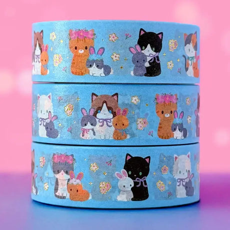 Adorable spring bunnies and cats, with small details of gold foil. Ideal for journaling, scrapbooking, and craft projects.

Gold Foil Details
One&nbsp;10-meter long roll of washi tape
20mm wide, 32mm paper core


Colors might vary just a bit from your screen.