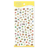Sheet of colorful food-themed stickers with a yellow border and 'Poko Time Seal' branding.