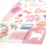 Sheet of decorative stickers with floral patterns, a cat, and other elements on a pink background.