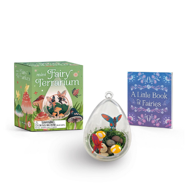 Add some cottagecore flare to your home or office with this mini fairy terrarium!

Specifications:

Includes mini terrarium, measuring about 3 inches in height, along with two fairy figurines, a mushroom figurine, and real moss and rocks to decorate
Book Included: a 48-page 2-1/2 x 3-1/2 inch book features profiles and full-color illustrations of more than 20 diverse fairies from folktales around the world
Perfect Gift: This whimsical terrarium and book set is an ideal gift for fae-lovers of every age