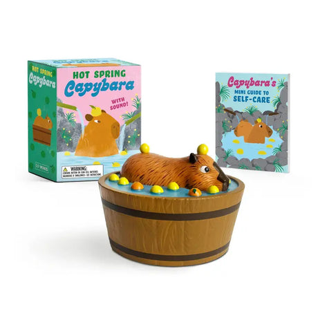 Enjoy a quiet moment with this one-of-kind palm-sized capybara collectible! One-of-a-kind collectible:

A 2-3/4inch tall collectible of hot spring tub with an adorable capybara inside
With relaxing sounds: Enjoy soothing hot spring sounds when the capybara is pushed down into its tub
Mini book included: Learn more about this water loving rodent in the 32-page, 2-1/2x 3inch mini book
A Unique Gift: A perfect humorous gift for those who love capybaras Includes button cell batteries.
