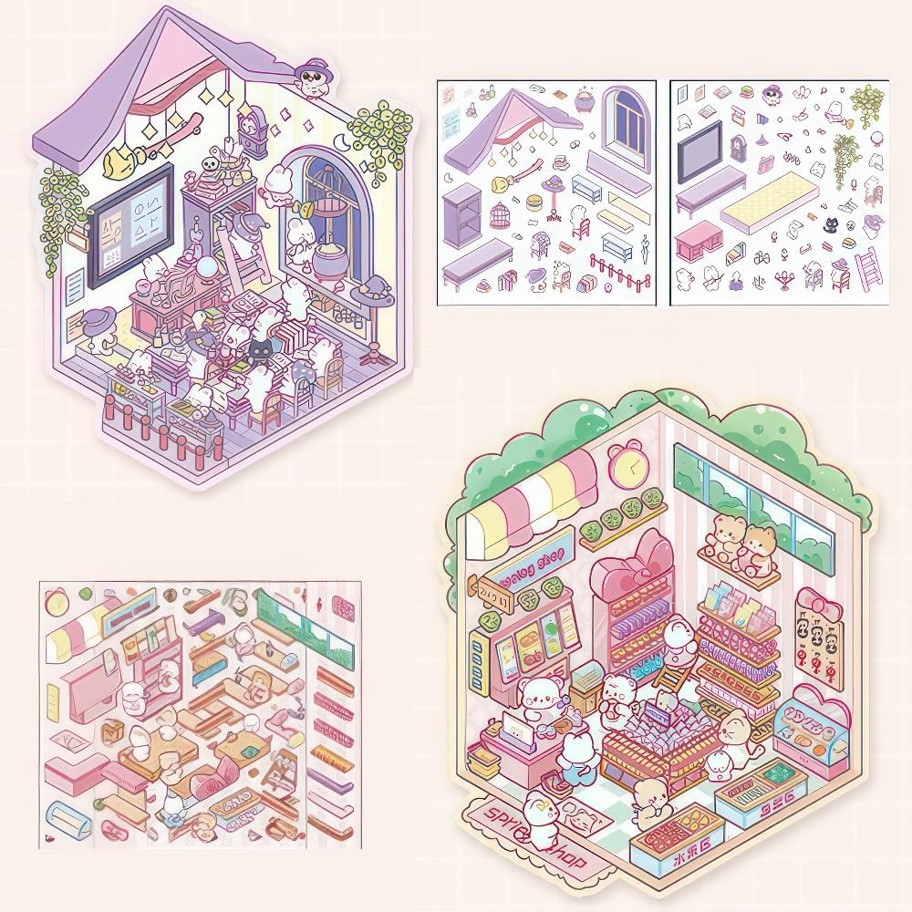 Unleash your creativity with these 3D scene stickers! Perfect for kids and adults, you can design your own miniature house scenes with six unique backgrounds and stickers. Enjoy hours of imaginative fun while enhancing creativity as you bring your dream cabin to life.&nbsp;

This set provides 12 sheets of PET stickers to decorate 6 different scene cards.