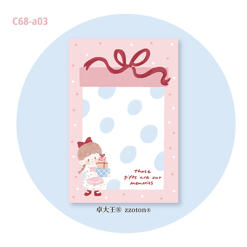Molinta - Gift Box A7 Notepad

Enjoy 50 sheets of this adorable design of a gift box notepad! It can be personalized with hole punches to add to your binder or be pasted in your notebook to brighten up your pages.

Specifications: 80mmx120mm
Material: 100g white kraft paper
Number of pages: 50