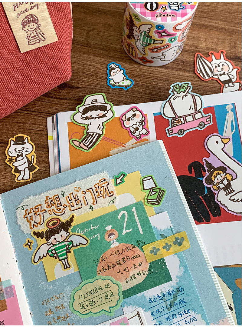 Molinta - Relax Life Sticker Roll Doodle Style Kiss Cut Washi Tape Journal Spread Writable Paper Cute Kawaii Molinta
