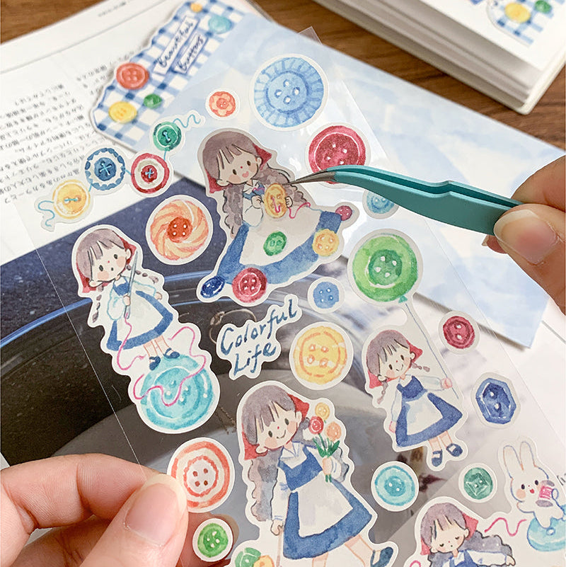 Featuring an adorable collection of illustrations with all kinds of buttons, this sticker sheet adds a cozy, whimsical touch to planners, cards, photo albums, and creative projects. Each design is printed on durable writing paper with vibrant colors for easy decoration!