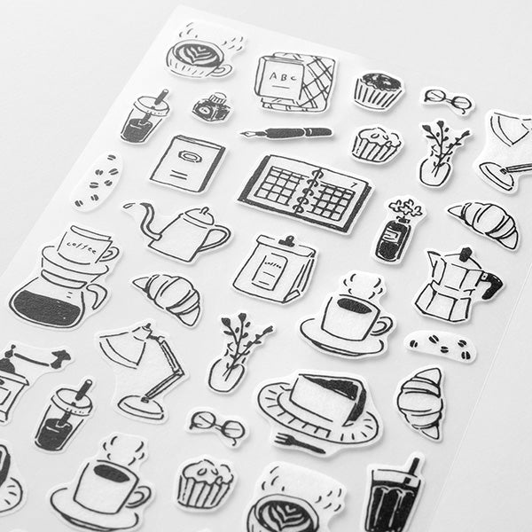 The "Monotone Cafe Pattern" also includes motifs such as coffee, fountain pens, and ink.



A wide variety of sticker designs to use with your notebook

These peel-and-stick washi stickers will make your daily records more fun. Simply stick them freely on the margins of your notebook to create a gorgeous page. &nbsp;It comes in a pack of 2 sheets, a small size that is perfect for&nbsp;monthly blocks and a large size that is convenient for filling in the blanks.