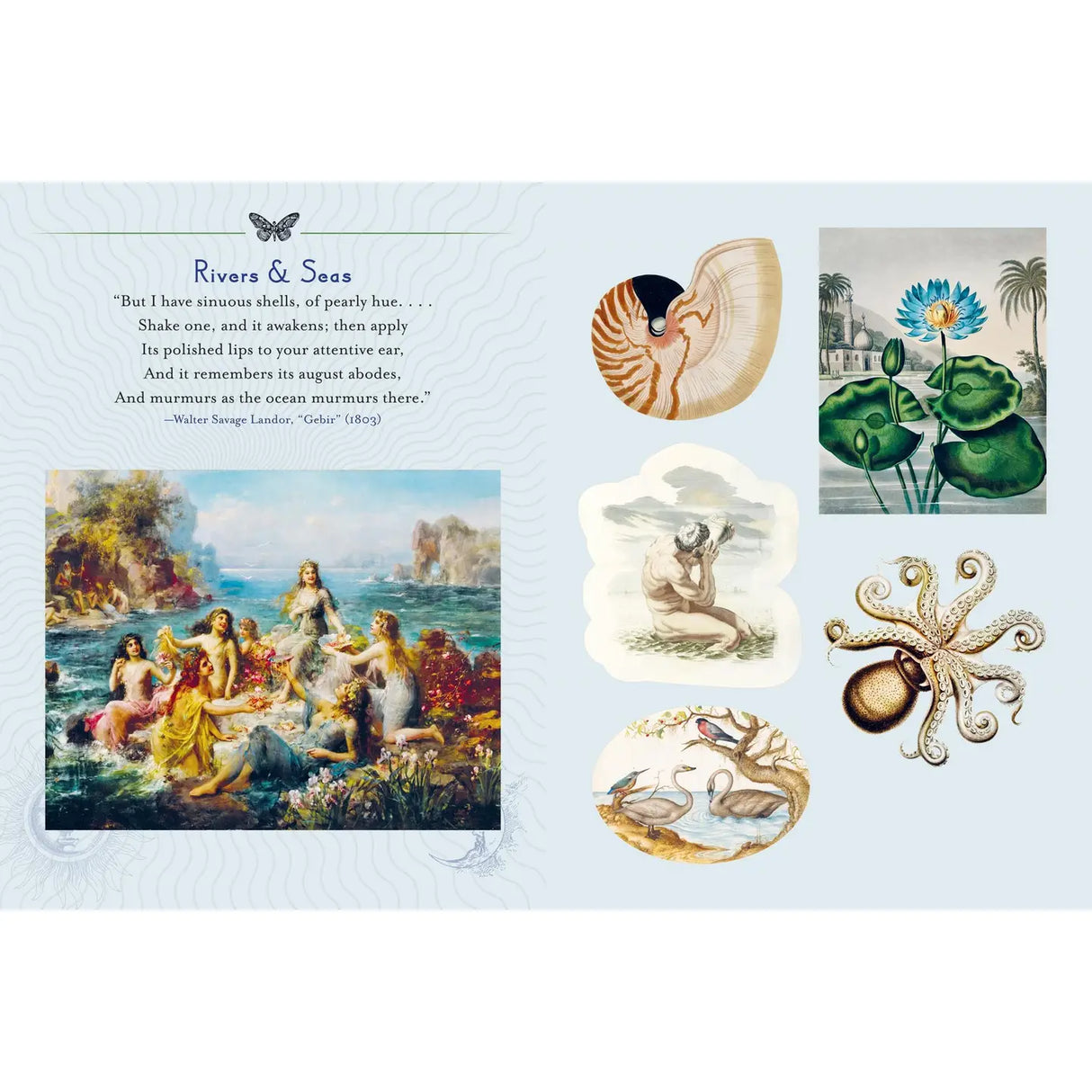 This sticker book features more than 400 nature-themed artworks, both vintage and vintage inspired, celebrating the bounty and magic of Earth. The book is organized into six sections devoted to the vibrant diversity of our planet: Rivers; Seas, Earth; Harvest, Mountains; Sky, Forests; Woodlands, Gardens; Flowers, and Deserts, Prairies; Plains and the corresponding flora, fauna, gods, goddesses, fairies, and other mystical creatures. Each section is introduced with a poetic thematic quote.

The stickers are 