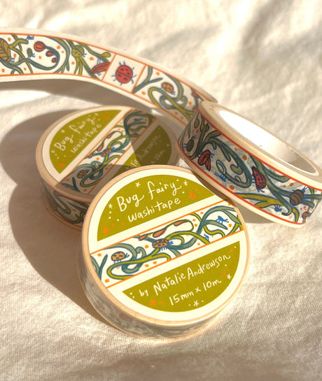 This washi tape features little bugs hidden in vines! Taken from the borders of my Bug Fairy print.

This roll is 15mm wide x 10m of paper tape. Washi tape is super durable and flexible. It tears easily and can be safely applied to a variety of surfaces; it doesn’t leave a sticky residue behind, making it especially ideal for stationery and hanging prints temporarily.