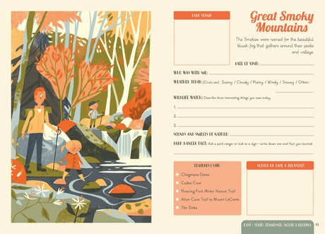 Explore the amazing National Parks with this keepsake journal to document your adventures. With a spread to fill in on 63 National Parks, including parks from each of the 50 States. 

Fill in the park name, date, weather, places you went, things you saw, favorite moment, and note down things to do next time, as well as adding drawings, pressed flowers or leaves, rubbings, photos and stamps. There is a spread for each national park and a place to add the unique stamp from every park you visit. Use the spotte