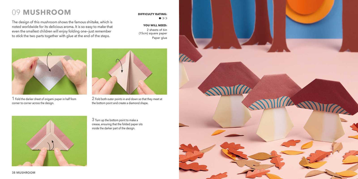 Fold 15 FUN animal origami models with this EXCITING ALL-IN-ONE block from BESTSELLING author Mari Ono, featuring a 64-page project book and 250 sheets of origami paper.

Bestselling origami expert Mari Ono has put together an awesome collection of cute critters and interesting greenery that you might see right outside your window.
 
Kids and adults alike will love to make cheerful squirrels, quirky mushrooms, bouncy frogs, sneaky foxes, and bright butterflies.
 
All 15 projects come with simple step-by-ste