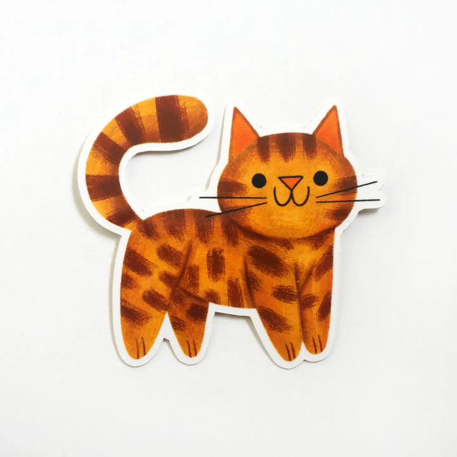 Sticker of a cartoon cat with orange and brown stripes on a white background