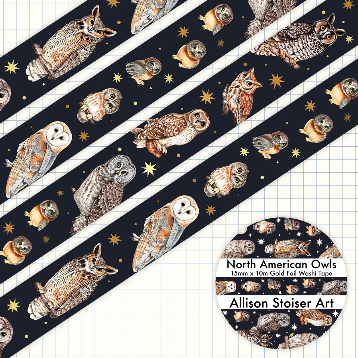 Allison Stoiser Art - North American Owl Gold Foil Washi Tape