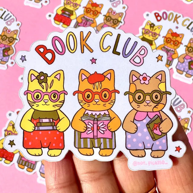 These adorable book themed stickers are perfect for sharing with your book club friends. It features 3 adorable cats with their favorite reads!

These matte vinyl stickers feature an original design and are water, weather, and scratch proof. Perfect for putting on water bottles, computers or just about anywhere else.
