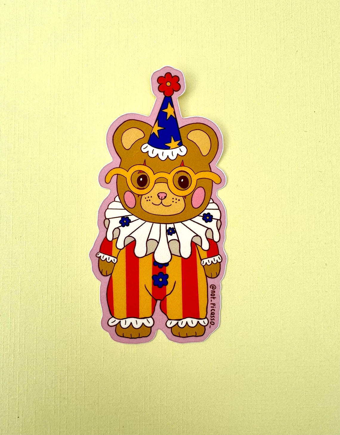 These adorable stickers feature a cute little bear in a clown suit.

These matte vinyl stickers feature an original design and are water, weather, and scratch proof. Perfect for putting on water bottles, computers or just about anywhere else.
