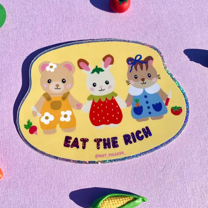 Feeling hungry? This glitter sticker features a great message and cute characters!

These matte vinyl stickers feature an original design and are water, weather, and scratch proof. Perfect for putting on water bottles, computers or just about anywhere else.