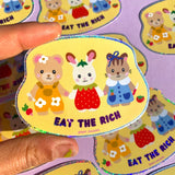 Feeling hungry? This glitter sticker features a great message and cute characters!

These matte vinyl stickers feature an original design and are water, weather, and scratch proof. Perfect for putting on water bottles, computers or just about anywhere else.
