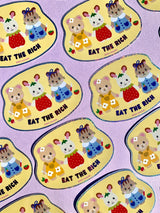 Feeling hungry? This glitter sticker features a great message and cute characters!

These matte vinyl stickers feature an original design and are water, weather, and scratch proof. Perfect for putting on water bottles, computers or just about anywhere else.