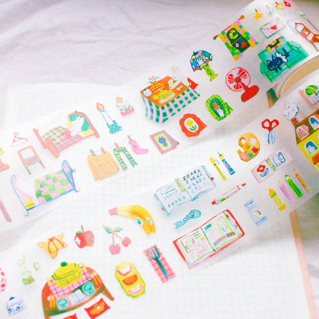 This PET tape is kiss-cut for your convenience. The tape is made of a thin, matte, clear material that is great for journaling! The theme of the tape is a play on the word homebody so all of the stickers are related to the home or activities you do at home.