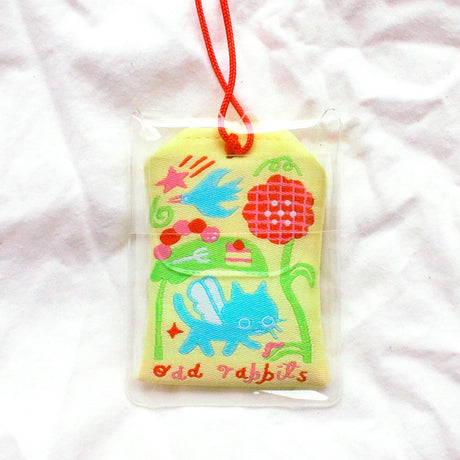 2x2.5 omamori charm with a 8 inch string.

An omamori is a Japanese charm that provides protection and luck!