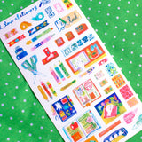 85x160mm stationery themed sticker sheet printed on a thin washi paper like material. This sticker sheet was created at this size so it would fit nicely into the sleeves of my A6 binder!

85x160mm
Not waterproof.
Do not place in areas of high wear (laptops, phone cases, water bottles, etc).
Stickers come packaged in a plastic sleeve.