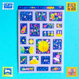 'To the Moon &amp; Back' Frosted Glitter Transparent A6 Sticker Sheet. Stickers are stamp shaped and have a clear blue background.

Not waterproof.
Do not place in areas of high wear (laptops, phone cases, water bottles, etc).
Sticker sheets come packaged in a plastic sleeve.