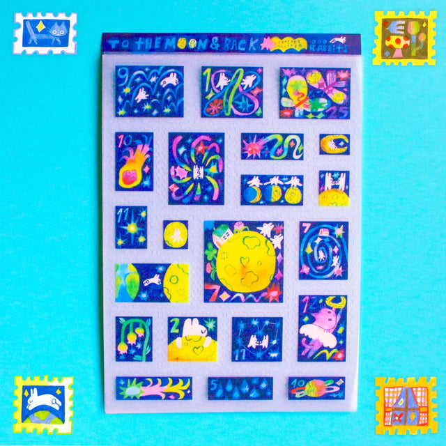 'To the Moon &amp; Back' Frosted Glitter Transparent A6 Sticker Sheet. Stickers are stamp shaped and have a clear blue background.

Not waterproof.
Do not place in areas of high wear (laptops, phone cases, water bottles, etc).
Sticker sheets come packaged in a plastic sleeve.