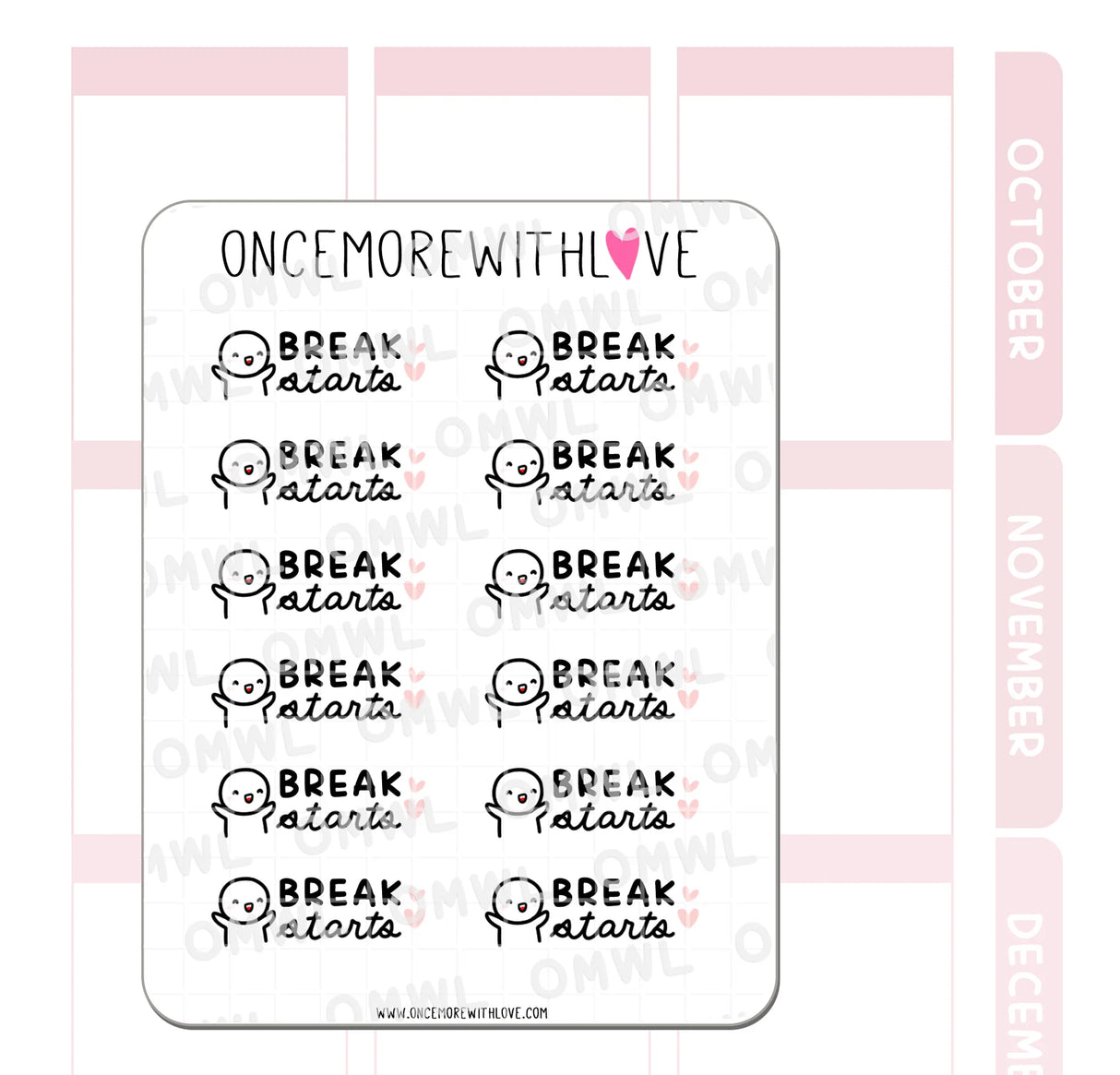 Once More With Love - M1114 Break Starts Sticker Sheet

This sticker is so versatile and can be used whether or not you are a student - we all need a break, and it can start whenever, wherever, annnnd however you want!