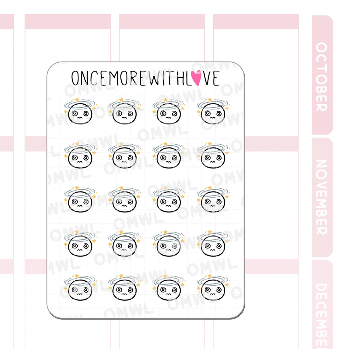 Once More With Love - M1518 Feeling Dizzy Sticker Sheet

Feeling faint or dizzy? These munchkins do too! I often feel dizzy when I stand up so this is a nice way to track when I get those dizzy episodes.