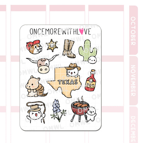 Once More With Love - M1544 Travel the World: Texas Sticker Sheet

Howdy!! Munchkins are in TEXAS! This sheet first made its debut at LittleCraftFest and we sold out of all of them within half a day sooo now's your chance to pick one up!