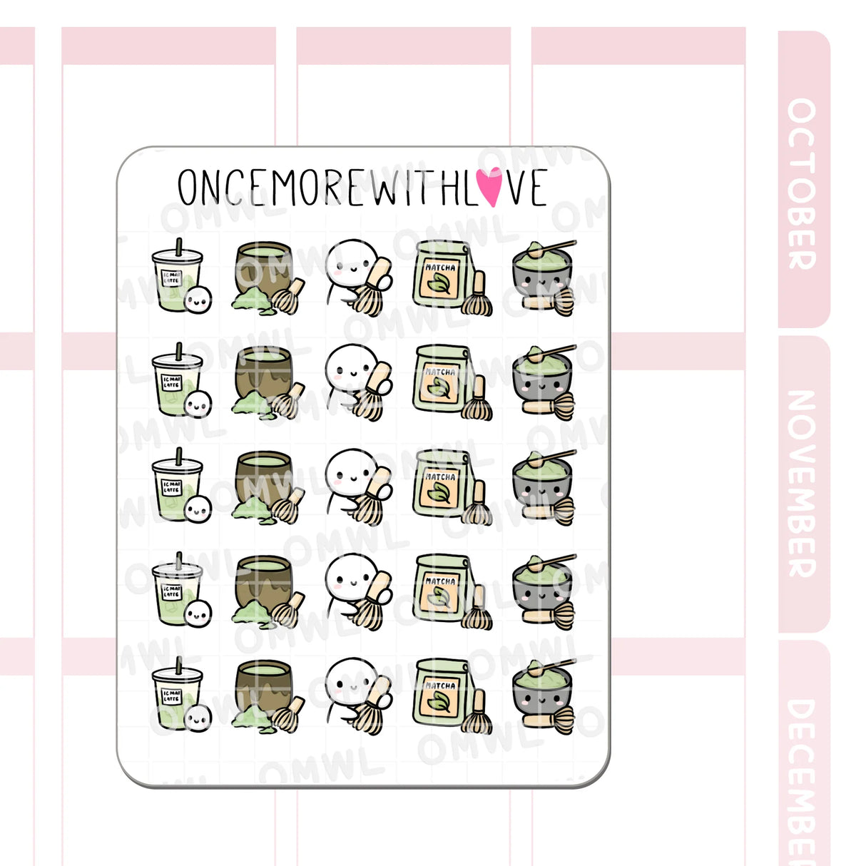 Once More With Love - M1549 Matcha Drinks Sticker Sheet

Matcha is my latest obsession. I haven't gotten that great at making my own matcha drinks yet, but definitely trying. It's also just so calming to me and helps start my day with a moment of peace.