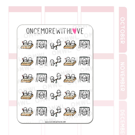 Once More With Love M868 Playdate 3.0 Sticker Sheet

A sheet for marking your munchkin's play dates! On the swings, in the sandbox, and on a see-saw! Works well for scheduling all sorts of play dates!