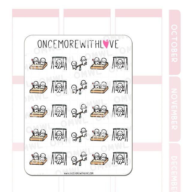 Once More With Love M868 Playdate 3.0 Sticker Sheet

A sheet for marking your munchkin's play dates! On the swings, in the sandbox, and on a see-saw! Works well for scheduling all sorts of play dates!
