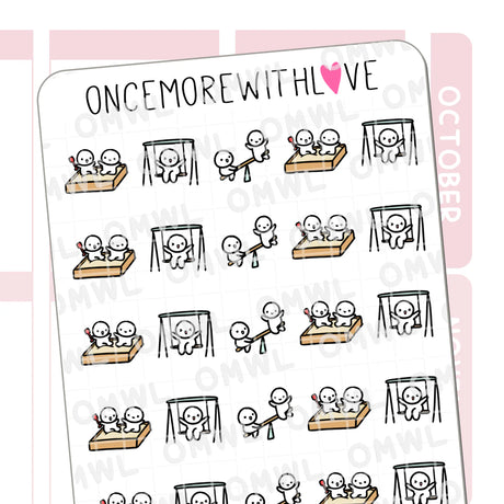 Once More With Love M868 Playdate 3.0 Sticker Sheet

A sheet for marking your munchkin's play dates! On the swings, in the sandbox, and on a see-saw! Works well for scheduling all sorts of play dates!