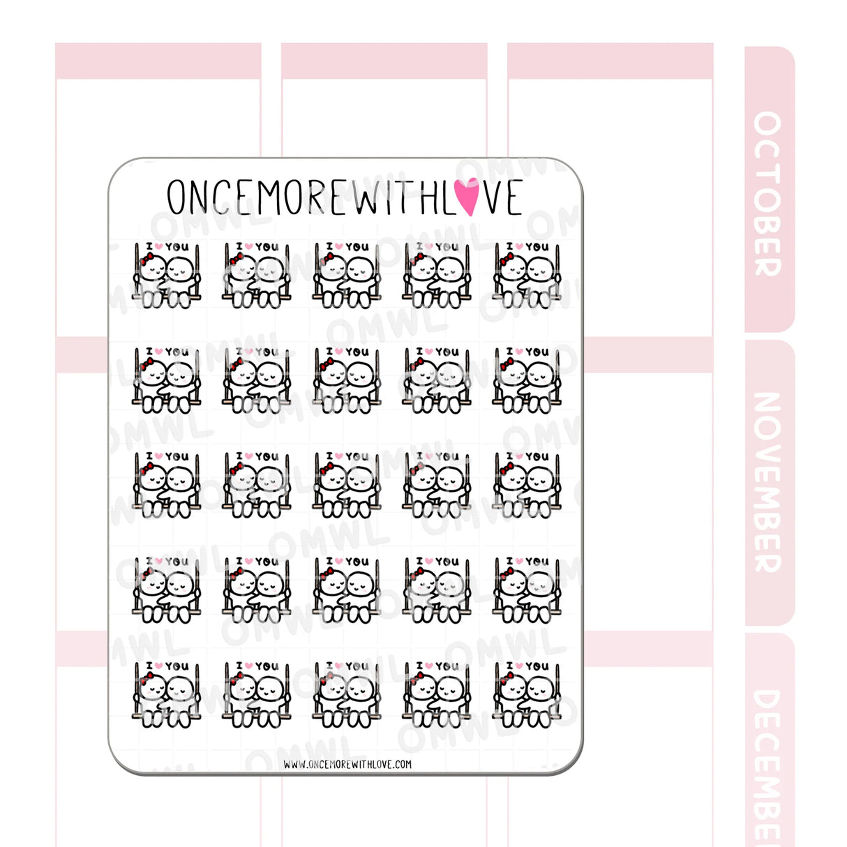 Once More With Love M877 I Love You Swing Sticker Sheet

Munchkins in love and sitting ever so adorably on a swing!