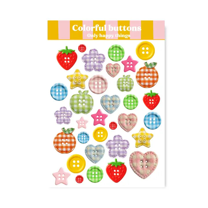 Brighten your crafts with this charming A6 sticker sheet featuring colorful button designs.&nbsp; These stickers are perfect for journaling, scrapbooking, pen‑pal mail, planners, and all your creative projects.

A6 (105 x 148mm)&nbsp;
Printed on matt coated paper