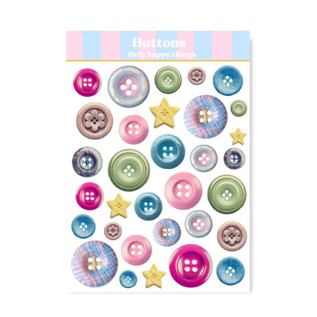 Brighten your crafts with this charming A6 sticker sheet featuring colorful button designs.&nbsp; These stickers are perfect for journaling, scrapbooking, pen‑pal mail, planners, and all your creative projects.

A6 (105 x 148mm)&nbsp;
Printed on matt coated paper