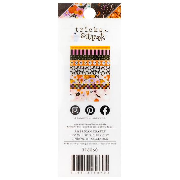 Add a touch of spooktacular charm to your creative projects with the Washi Tape from the Tricks And Treats Collection by Paige Evans for American Crafts.

This package includes eight rolls of tape featuring a variety of designs, such as pink and black stripes, skulls, ghosts, and more.

The rolls range in width from 0.375" to 0.875" and each measures six yards in length, giving you a total of 48 yards of tape to play with.

Whether you're decorating cards, scrapbook pages, envelopes, tags, journals, planner