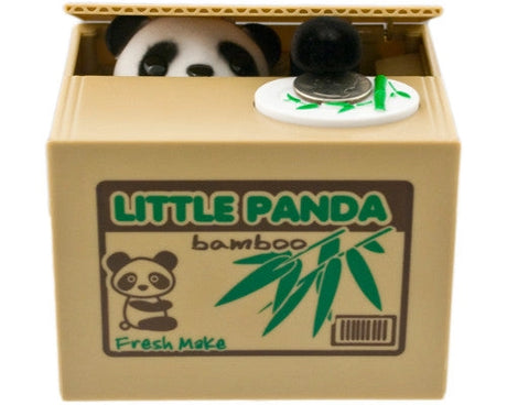 Panda Hiding in Box Coin Bank

Size: 4.75"L x 4"W x 3.75"H

Material: Plastic