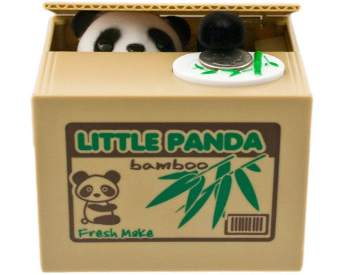 Panda Hiding in Box Coin Bank

Size: 4.75"L x 4"W x 3.75"H

Material: Plastic