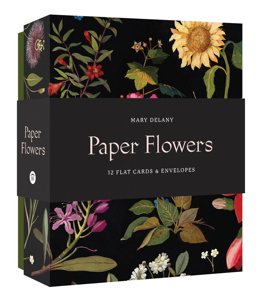 Each exquisite paper flower in this elegant collection blooms with extraordinary detail and color. Eighteenth-century British artist Mary Delany created each piece by cutting and layering tiny pieces of paper on black ink backgrounds. The fine shading and depth are as intricately detailed as a botanical illustration and scientifically accurate as well. Printed on thick, textured paper, the set features sunflowers, rhododendron, cornflower, water lilies, and more. Perfect for any occasion that warrants beaut