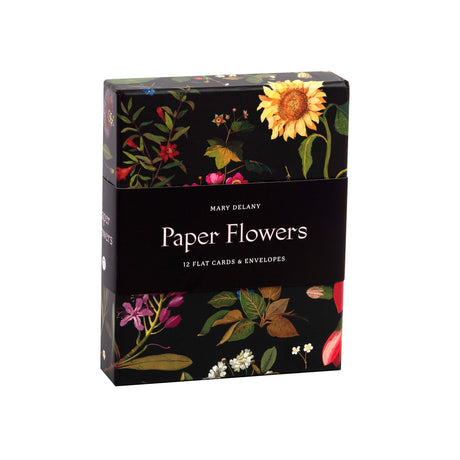 Each exquisite paper flower in this elegant collection blooms with extraordinary detail and color. Eighteenth-century British artist Mary Delany created each piece by cutting and layering tiny pieces of paper on black ink backgrounds. The fine shading and depth are as intricately detailed as a botanical illustration and scientifically accurate as well. Printed on thick, textured paper, the set features sunflowers, rhododendron, cornflower, water lilies, and more. Perfect for any occasion that warrants beaut
