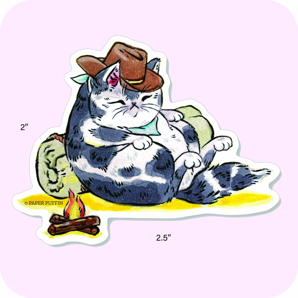 This lil Cowboy Cat is taking a nap.

Note: The images are a mock-up of the design. 
+ size: 2" x 2.5” with rounded corners
+ permanent adhesive glossy vinyl sticker with solid peel backing
+ scratch and weather resistant material, PVC free
+ packaged and shipped flat

All work and photos ©PAPER PUFFIN Art by. K.CARLSON